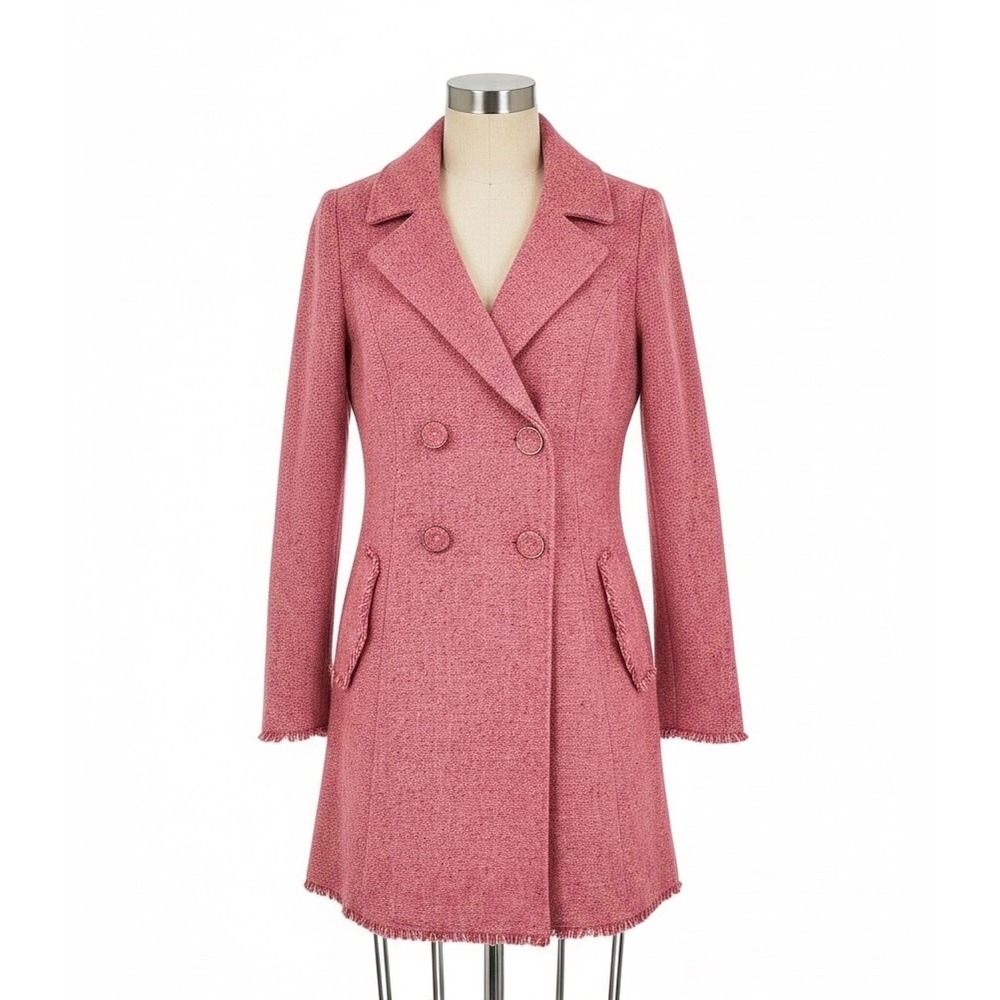 Cabi 176 Double Breasted Wool Blend Tweed Fringe Coat Pink Size 4